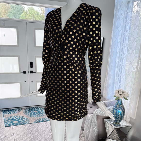 New 🖤💛 Elegant Black and Gold Polka Dot Long Sleeve Mini Dress - Picture 13 of 17